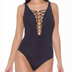 Bleu Rod Beattie Black Lace-Up One-Piece Swimsuit